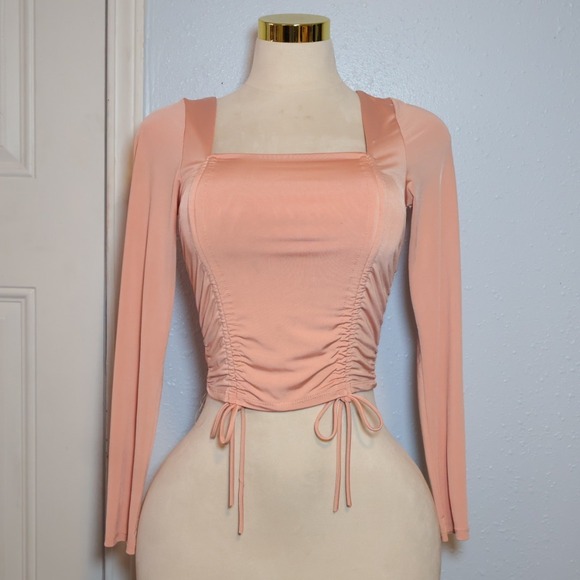 Fashion Nova Tops - Fashion Nova Women Peach Coral Ruched Drawstring Square Neck Long Sleeve